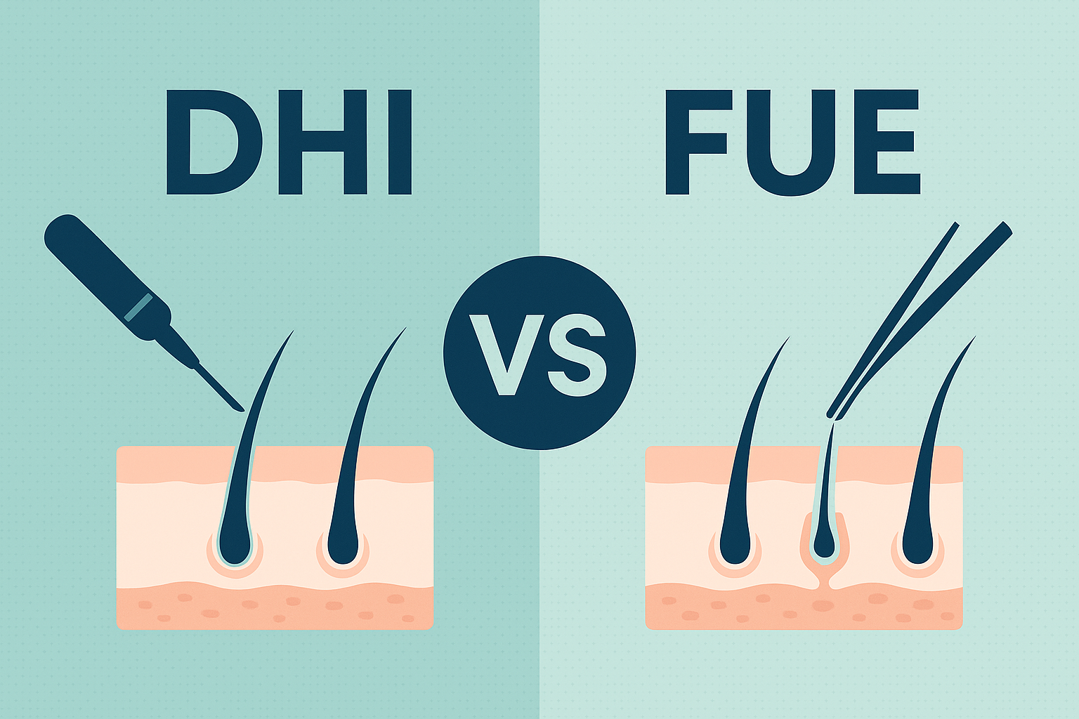 Illustration zum Vergleich von DHI vs FUE Haartransplantationsmethoden. Links zeigt DHI die direkte Implantation von Haarfollikeln mit einem speziellen Stift, während rechts FUE die Transplantation mit einer Pinzette nach vorheriger Öffnung der Kanäle darstellt. In der Mitte steht ein "VS" als Abkürzung für "versus".