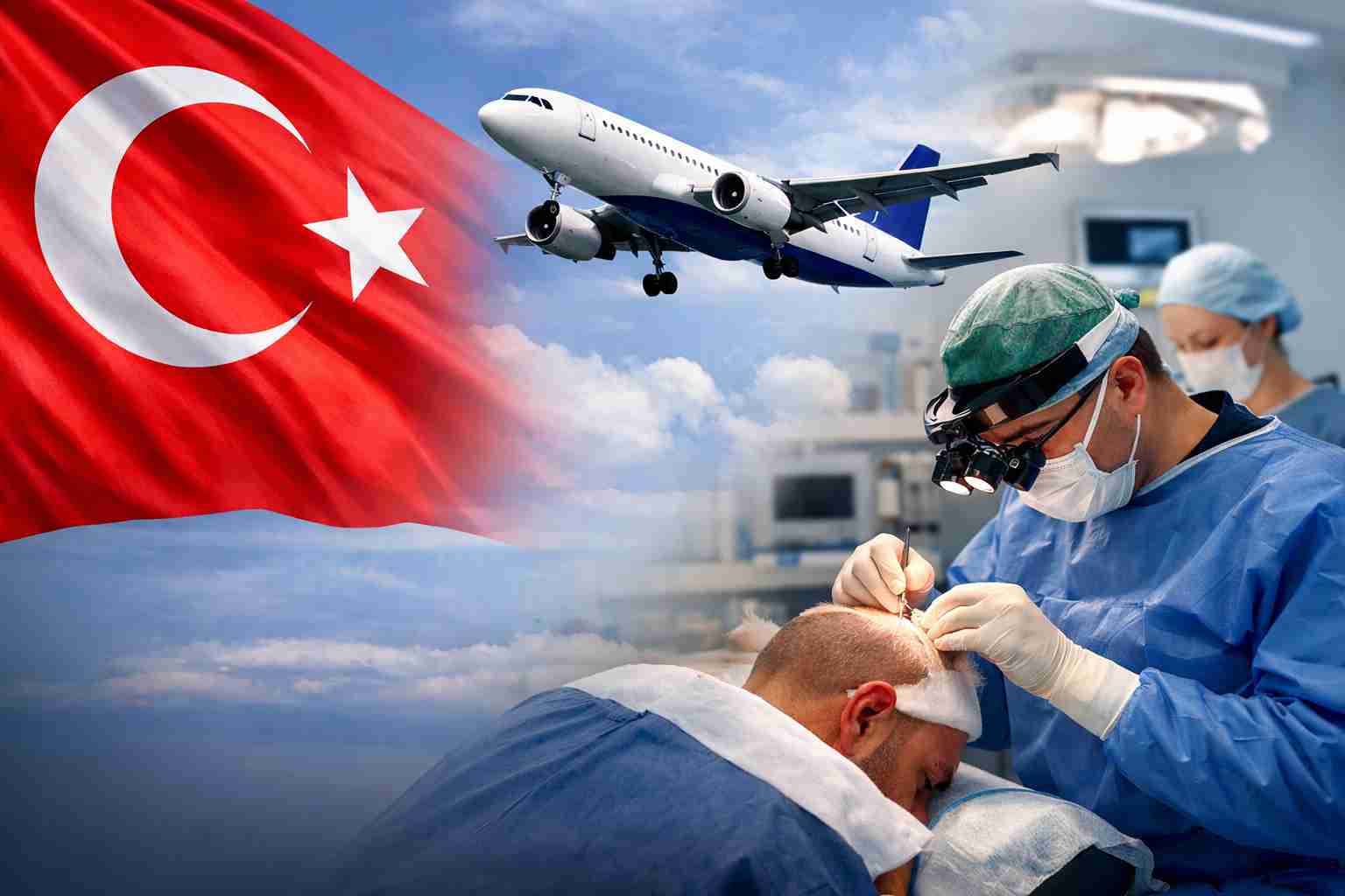 Symbolbild für Haartransplantation Türkei All Inclusive mit türkischer Flagge, Flugzeug und Haartransplantation im modernen OP-Raum