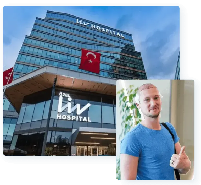 Die Liv Hospital Vadistanbul von außen und ein zufriedener Patient.