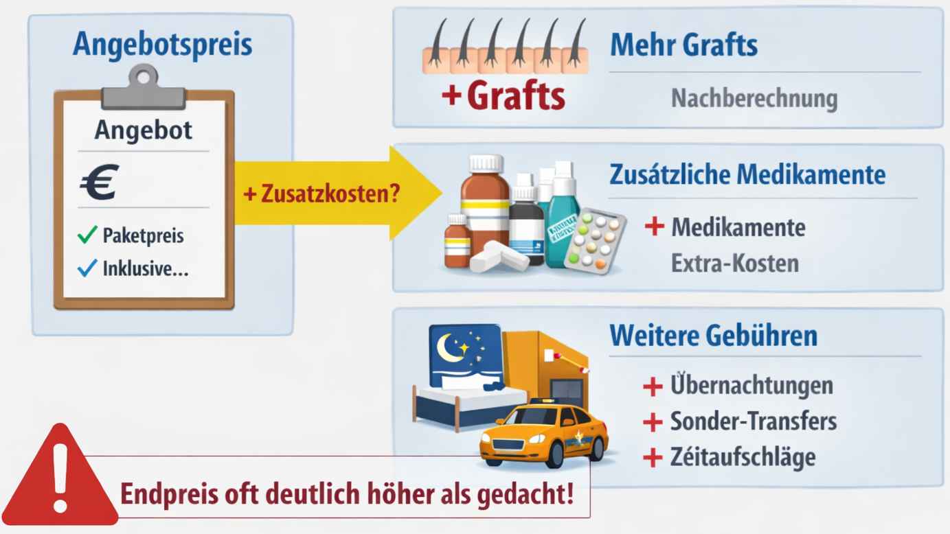 Infografik zu versteckten Kosten bei einer Haartransplantation: Angebotspreis mit Pfeil zu Zusatzkosten, mögliche Nachberechnung durch mehr Grafts, zusätzliche Medikamente sowie weitere Gebühren wie Übernachtungen, Sonder-Transfers und Zeitaufschläge; Hinweis, dass der Endpreis oft höher ausfällt.