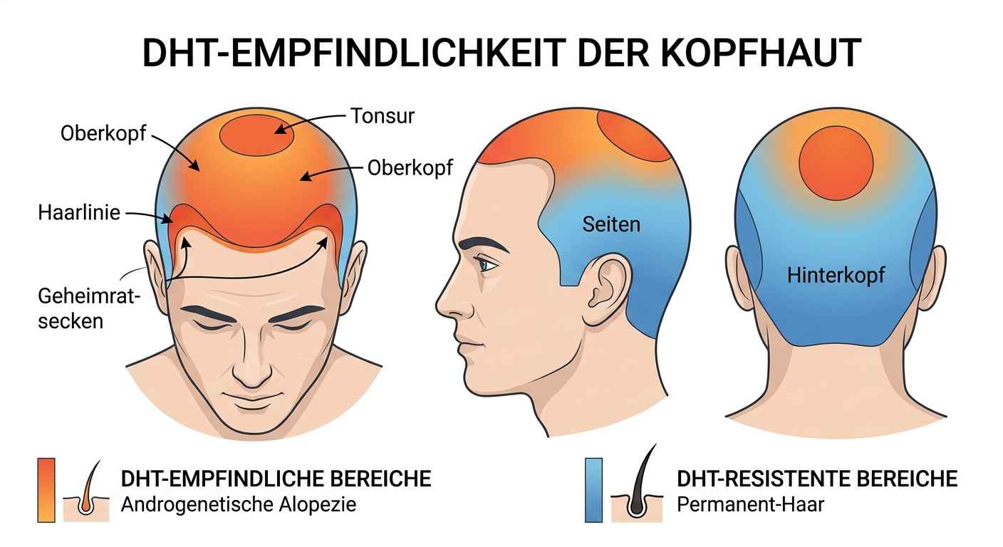 Grafik der Kopfhaut mit DHT-empfindlichen Bereichen (Haarlinie, Geheimratsecken, Oberkopf, Tonsur) und DHT-resistenten Bereichen (Seiten, Hinterkopf).