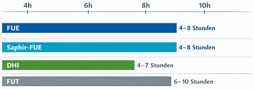 Infografik zur Dauer einer Haartransplantation nach Methode: FUE und Saphir-FUE dauern jeweils etwa 4–8 Stunden, die DHI-Methode etwa 4–7 Stunden und die FUT-Technik etwa 6–10 Stunden; dargestellt als horizontale Zeitbalken auf einer Skala von 4 bis 10 Stunden.