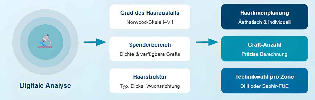 Digitale Haaranalyse Ablauf – Von der Untersuchung (Norwood-Skala, Spenderbereich, Haarstruktur) zur individuellen Haarlinienplanung und Technikwahl bei der Hybrid-Haartransplantation