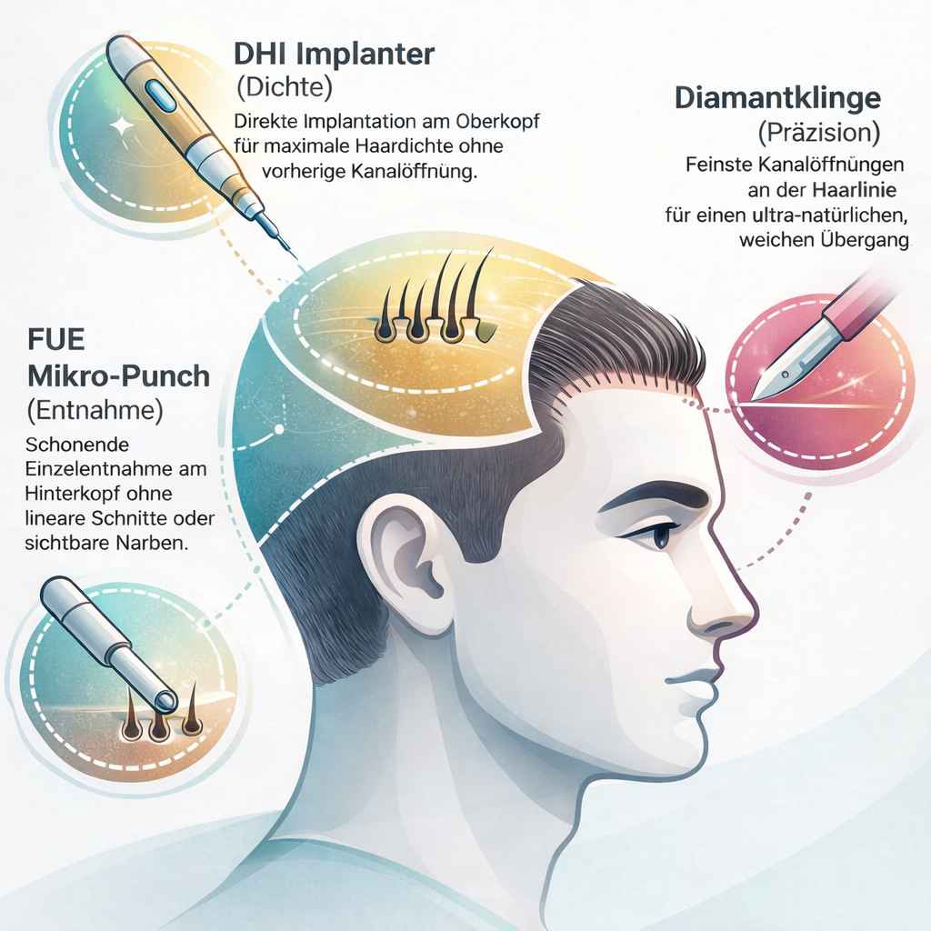 Grafische Darstellung einer Hybrid-Haartransplantation mit FUE Mikro-Punch Entnahme am Hinterkopf, präzisen Kanalöffnungen mit Diamantklinge und Implantation der Haarfollikel mit dem DHI Implanter (Choi-Pen).