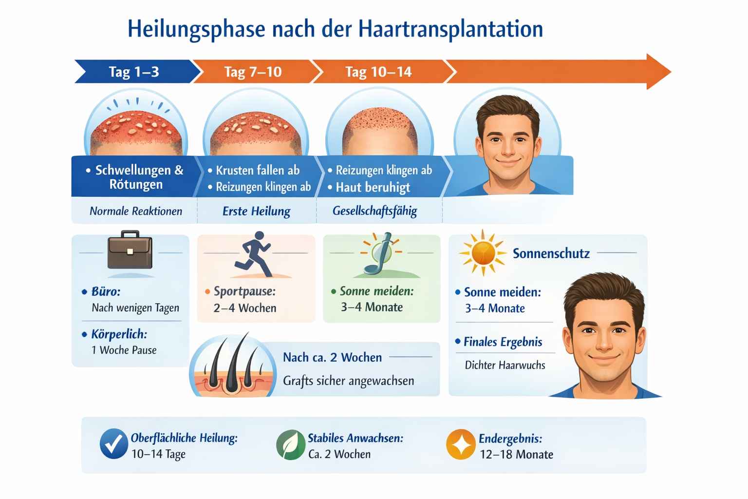 Infografik zur Heilungsphase nach einer Haartransplantation mit Timeline von Tag 1 bis zum Endergebnis nach 12–18 Monaten, inklusive Hinweise zu Krustenheilung, Rückkehr zur Arbeit, Sportpause und Sonnenschutz.