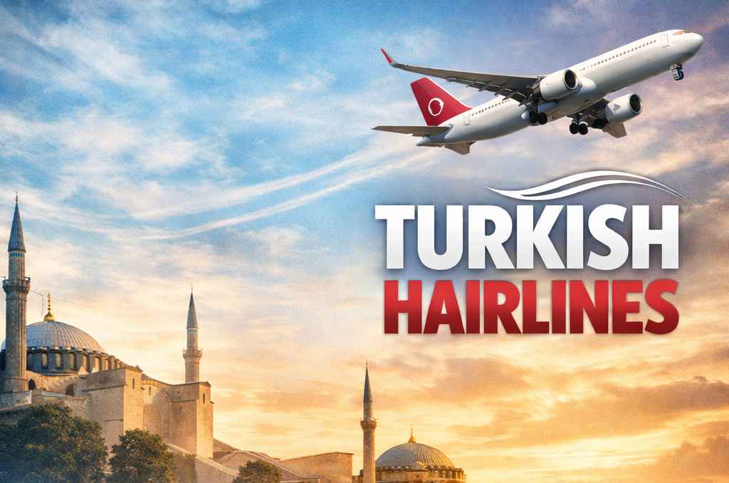 „Werbegrafik mit dem Schriftzug ‚Turkish Hairlines‘ vor einer Skyline von Istanbul bei Sonnenuntergang. Im Hintergrund sind Moscheen, die Hagia Sophia, der Bosporus und eine Brücke zu sehen. Ein Flugzeug mit türkischer Flagge fliegt über die Szene.