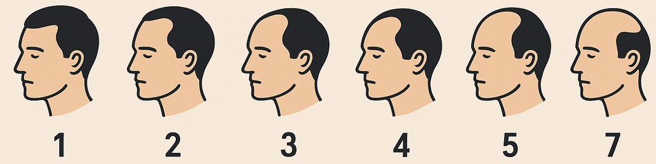 Educational chart illustrating the seven stages of male pattern baldness according to the Hamilton-Norwood scale, showing side profile drawings of a man’s head from stage 1 with full hair to stage 7 with severe hair loss.