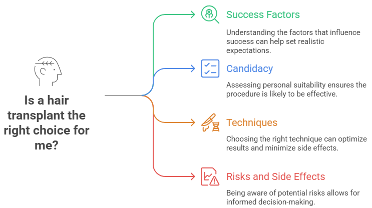 Infographic titled “Is a hair transplant the right choice for me?” showing four key points: success factors, candidacy, techniques, and risks and side effects.
