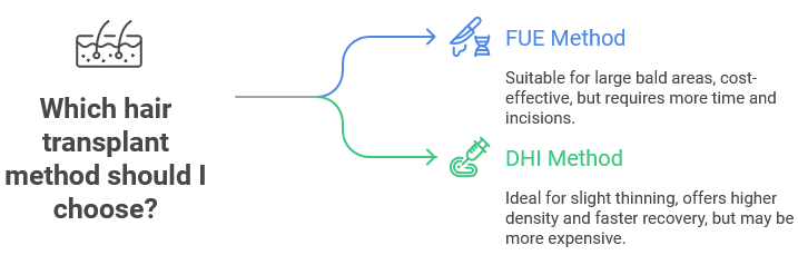 An infographic titled “Which hair transplant method should I choose?” with two branching arrows. The top branch points to “FUE Method” in blue with an icon of surgical tools, described as “Suitable for large bald areas, cost-effective, but requires more time and incisions.” The bottom branch points to “DHI Method” in green with an implanter pen icon, described as “Ideal for slight thinning, offers higher density and faster recovery, but may be more expensive.