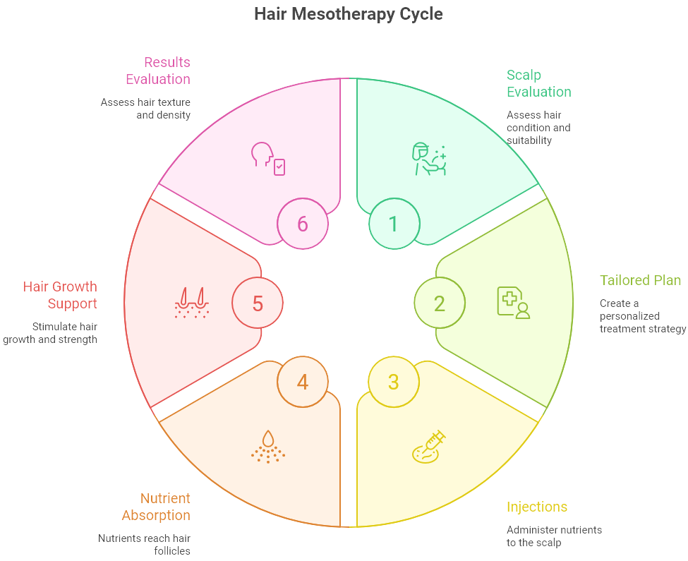 Circular infographic titled “Hair Mesotherapy Cycle” showing six steps: scalp evaluation, tailored plan, injections, nutrient absorption, hair growth support, and results evaluation, arranged in color-coded sections with icons.