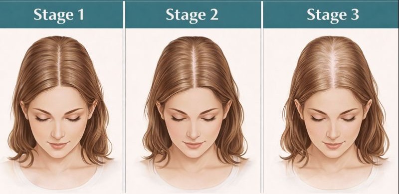 Illustration showing three stages of female hair loss according to the Ludwig Scale, labeled Stage 1, Stage 2, and Stage 3, with increasing thinning and visible scalp along the center part.