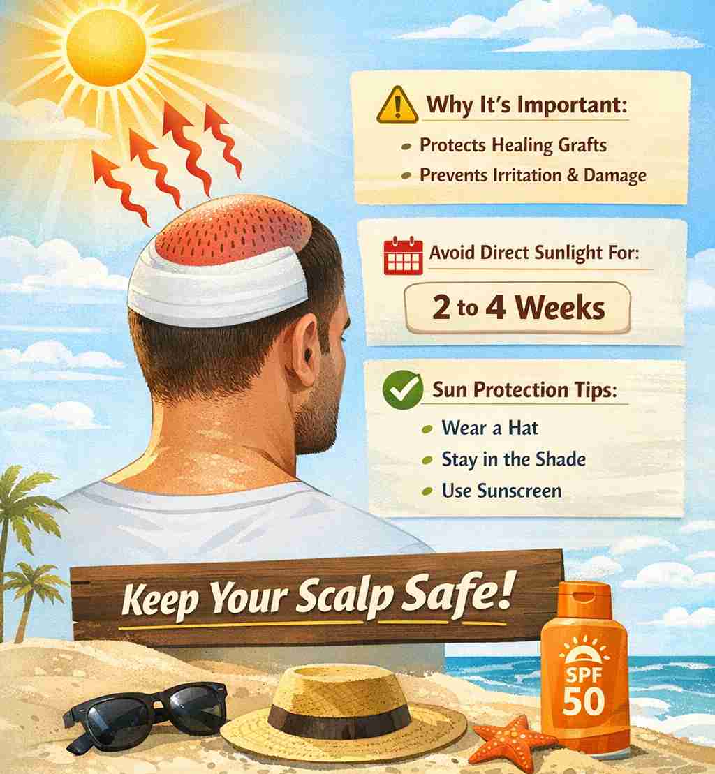 Infographic about sun protection after a hair transplant, showing a man with a bandaged scalp under sunlight and advising to avoid direct sun for 2 to 4 weeks, wear a hat, stay in the shade, and use sunscreen.