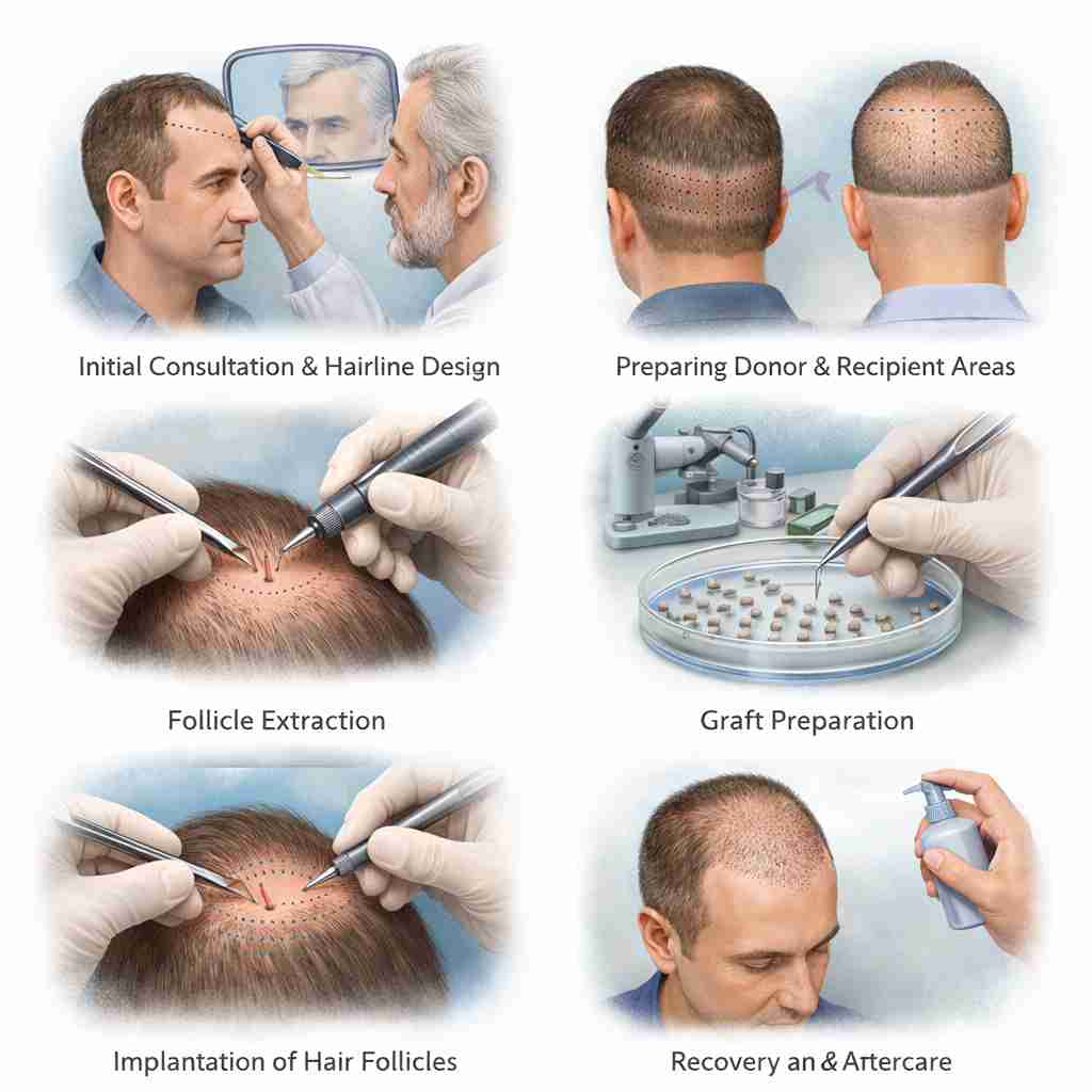Illustrated step-by-step overview of a hair transplant procedure, showing consultation and hairline design, donor and recipient area preparation, follicle extraction, graft preparation, implantation of hair follicles, and post-treatment recovery care.