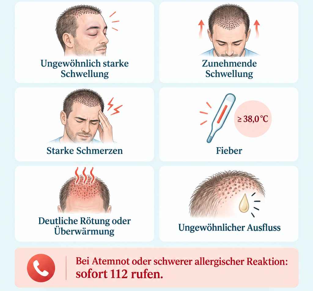Infografik zu Warnzeichen nach einer Haartransplantation: starke oder zunehmende Schwellungen, Schmerzen, Fieber, Rötung, Überwärmung und ungewöhnlicher Ausfluss.