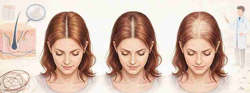 Illustration showing three stages of female hair thinning according to the Ludwig Scale, with a woman’s scalp becoming progressively more visible from left to right, alongside a hair follicle diagram and a doctor in the background.