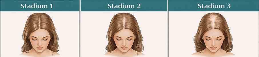 Infografik zur Ludwig-Skala mit dem Titel „Die Stadien der Ludwig-Skala im Überblick“. Sie zeigt drei Spalten für Stadium 1, 2 und 3 des weiblichen Haarausfalls.