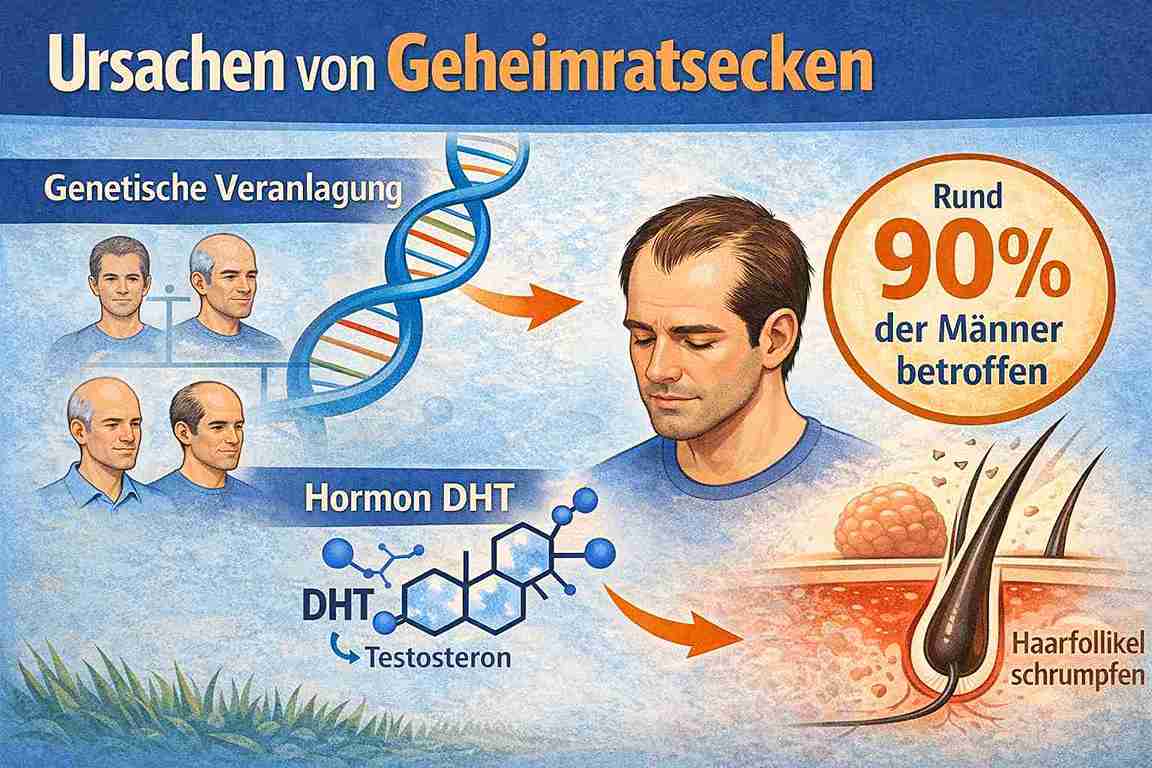 Infografik zu den Ursachen von Geheimratsecken: Darstellung genetischer Veranlagung mit Familienbaum und DNA-Strang, Hinweis „Rund 90 % der Männer betroffen“, Erklärung der Wirkung des Hormons DHT auf Haarfollikel sowie Illustration eines schrumpfenden Haarfollikels.