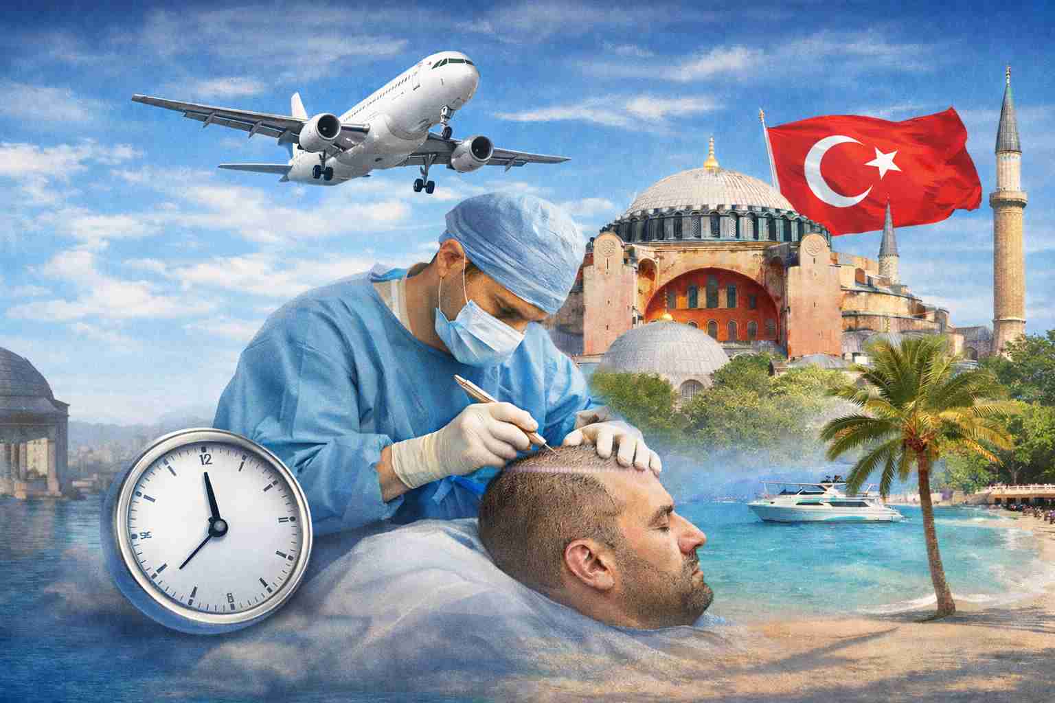 Arzt führt eine Behandlung bei einem Patienten während einer Haartransplantation durch, im Hintergrund fliegt ein Flugzeug Richtung Türkei, daneben sind eine Uhr als Symbol für Zeit sowie türkische Sehenswürdigkeiten und Strand zu sehen – Visualisierung zum Thema Haartransplantation Türkei Dauer und medizinische Reise.