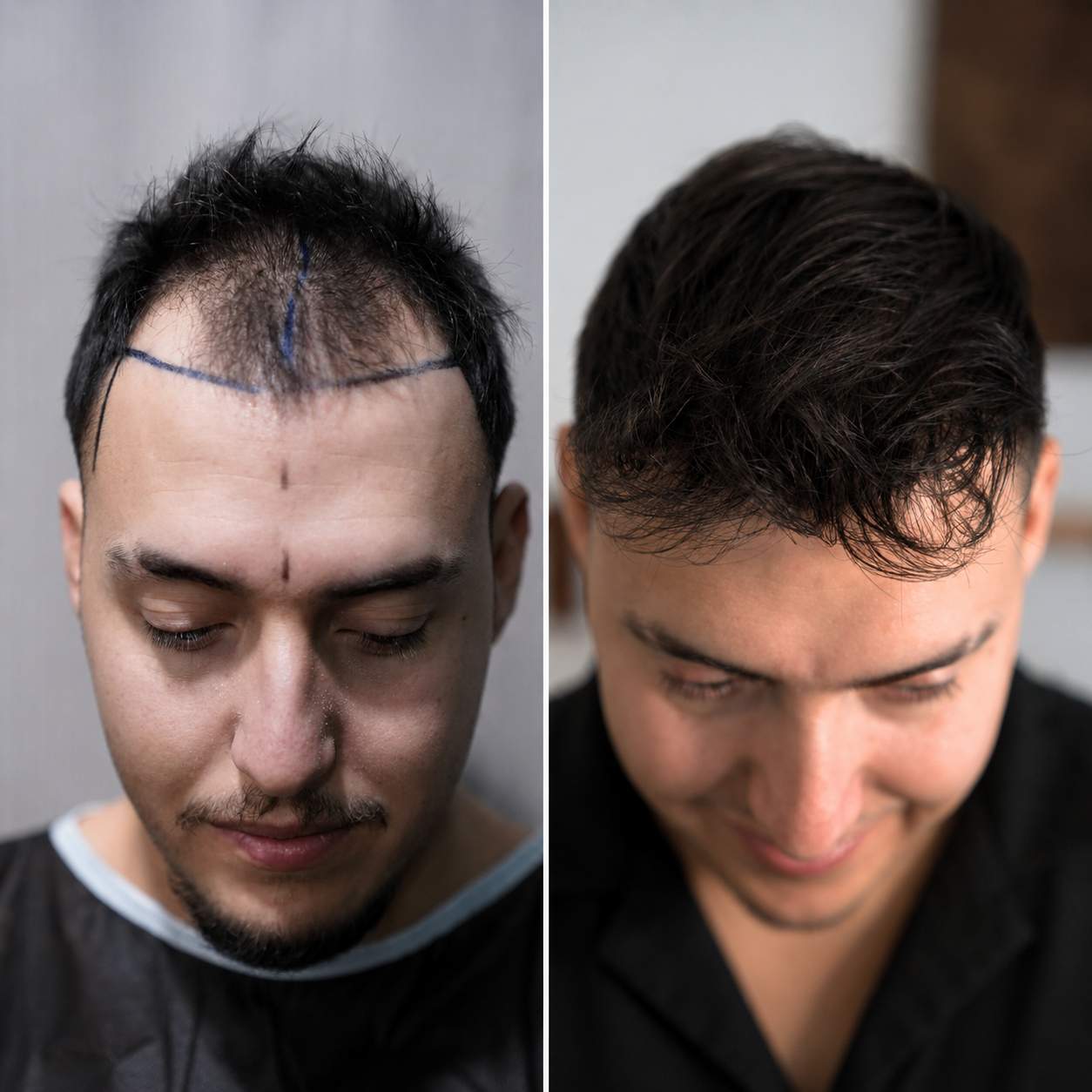 Haartransplantation Türkei – Vorher-Nachher-Ergebnis von vorne mit dichter Haarlinie und natürlichem Haarwachstum