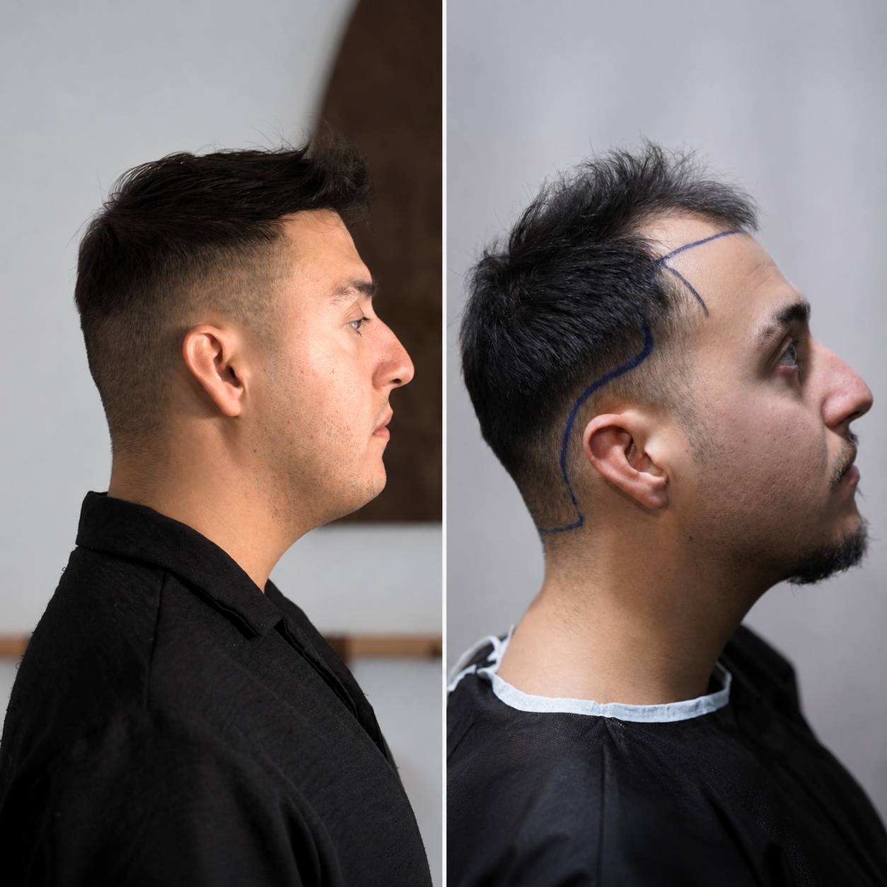 Haartransplantation vorher nachher in der Türkei – rechte Kopfseite mit natürlicher Verdichtung und verbessertem Haarbild