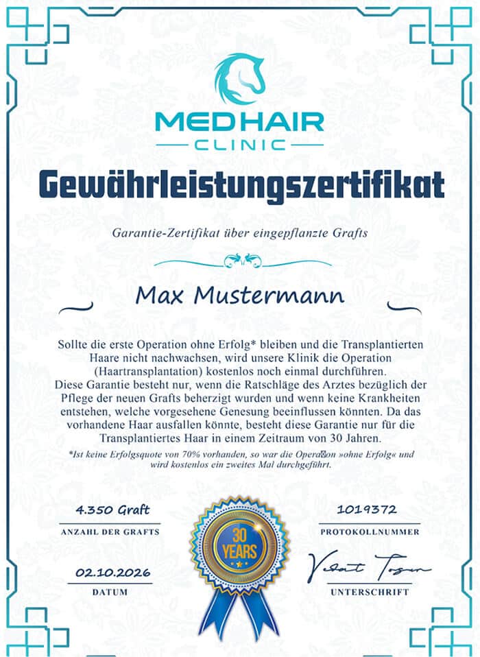 Garantie-Zertifikat – Haartransplantation Türkei bei der MedHair Clinic