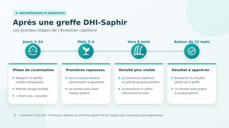 Récupération après une greffe DHI-Saphir : cicatrisation en 14 jours, repousses à 3–4 mois, densité à 6 mois et résultat vers 12 mois.