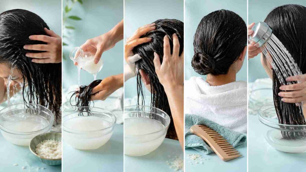 Étapes d’application de l’eau de riz sur les cheveux, du lavage au rinçage.