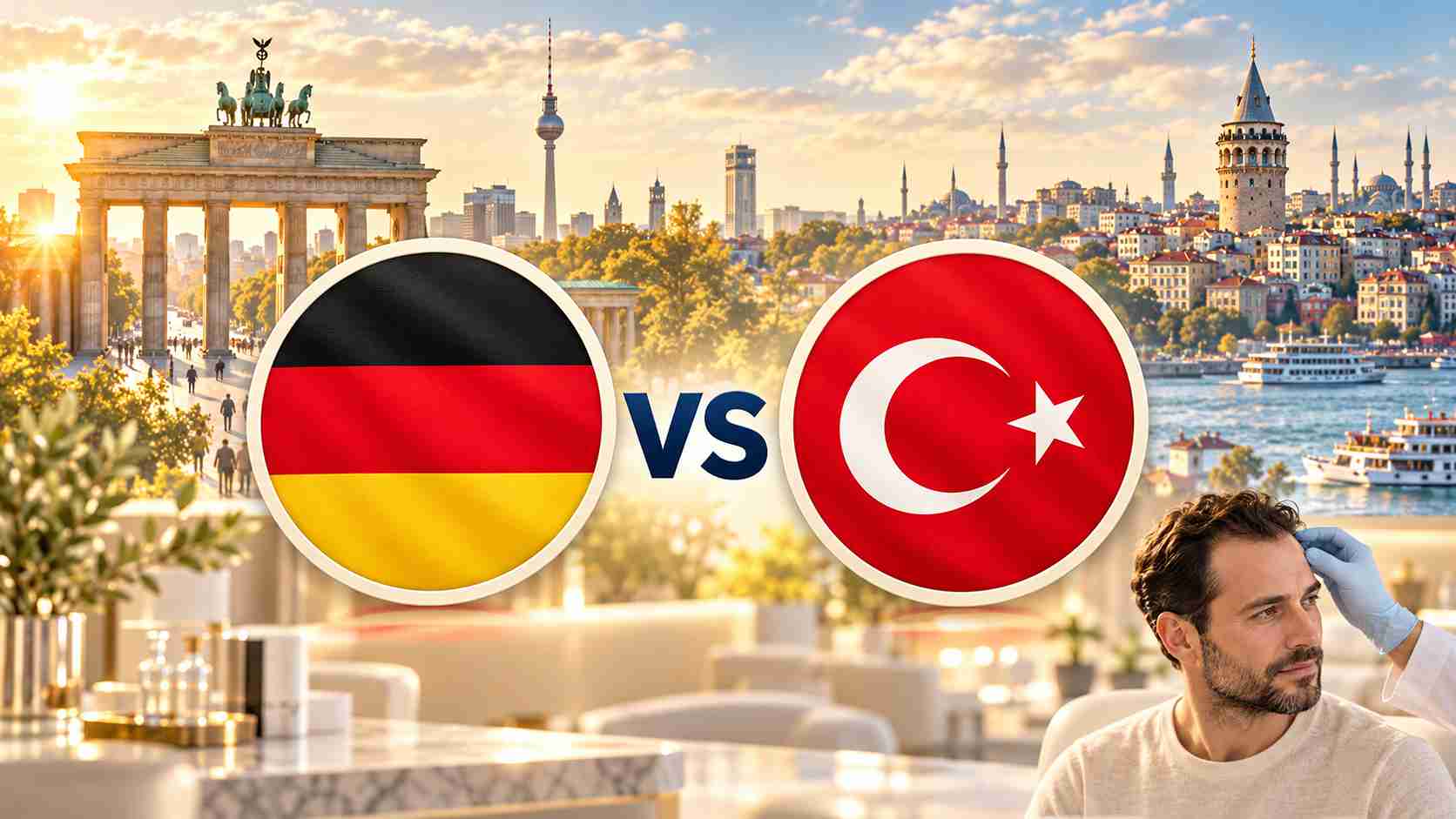 Deutsche und türkische Flagge mit „VS“ vor Berlin und Istanbul; unten rechts ein Mann bei einer Haartransplantationsberatung.