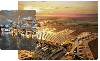 Aerial view of Istanbul Airport at sunset with an inset showing the terminal interior.